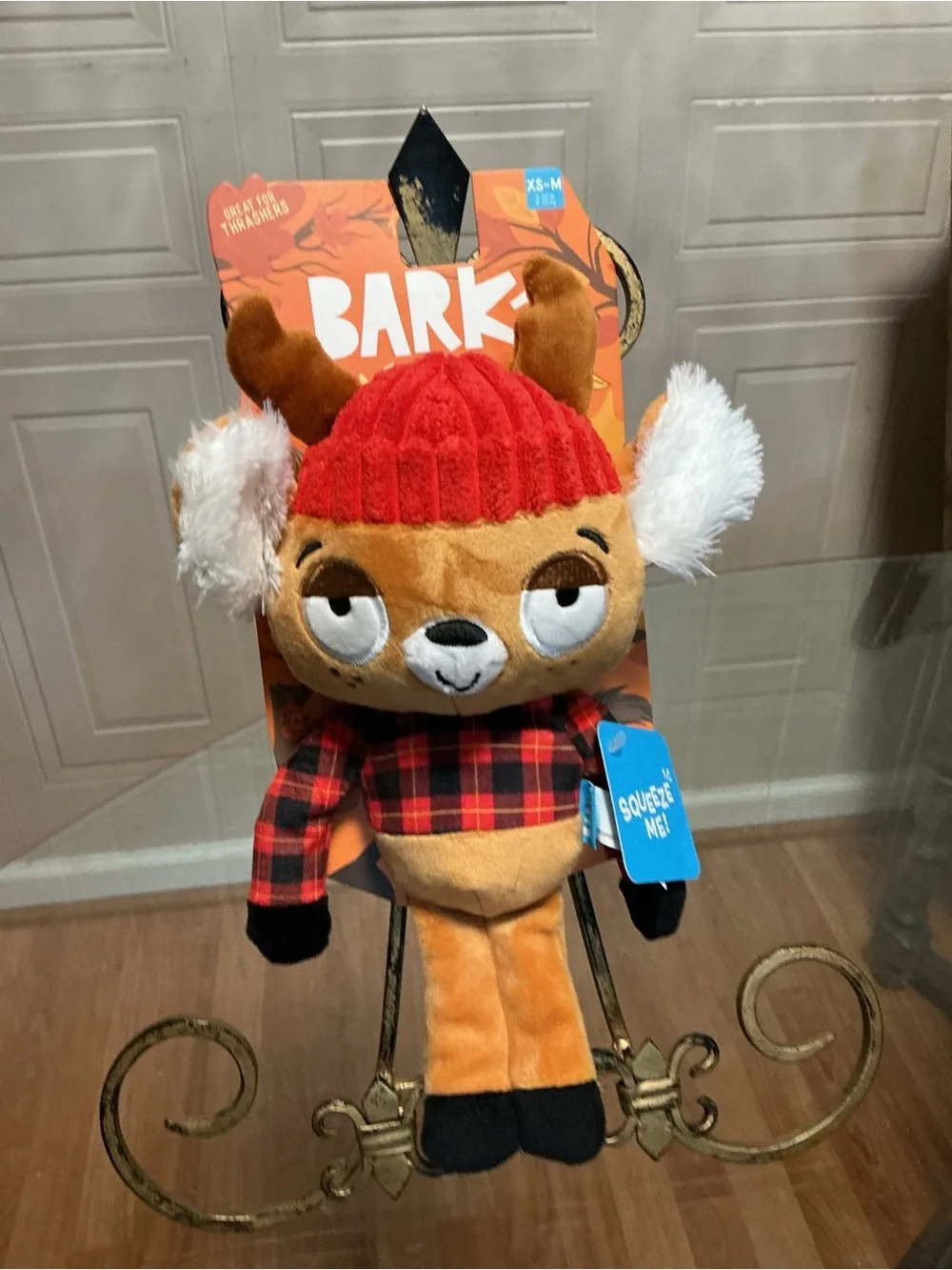 Bark Box Reindeer Crinkle Squeaker Dog Toy Plush Hat Buffalo Check Sweater 11”